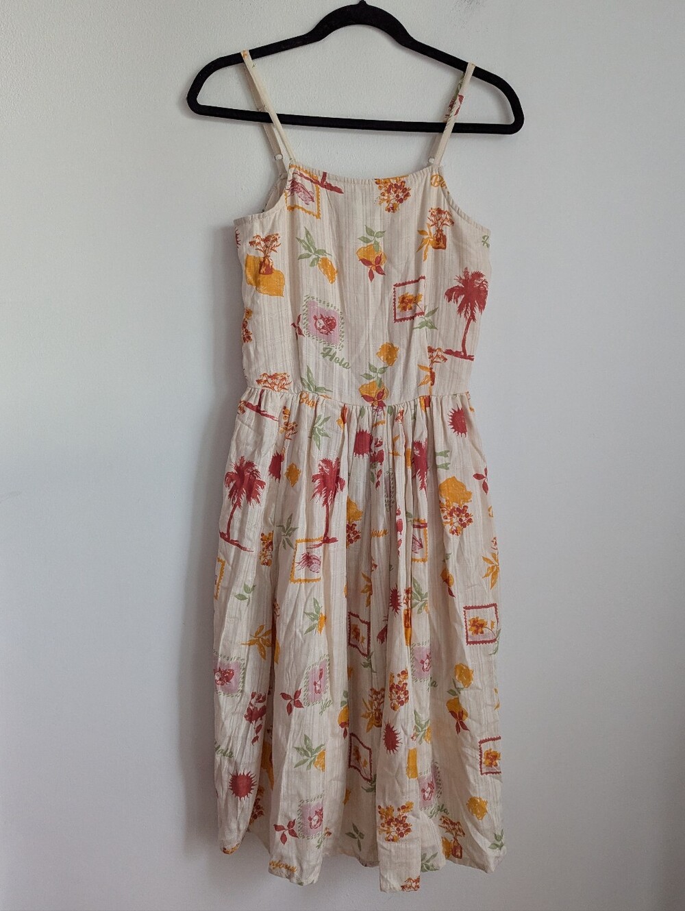 Cream Tropical Novelty Postcard Fruit Print Midi Sundress Size M